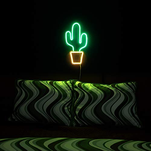 LED Neon Green Cactus Wall Sign with Yellow Planter 19x10 Inches - Indoor Decor