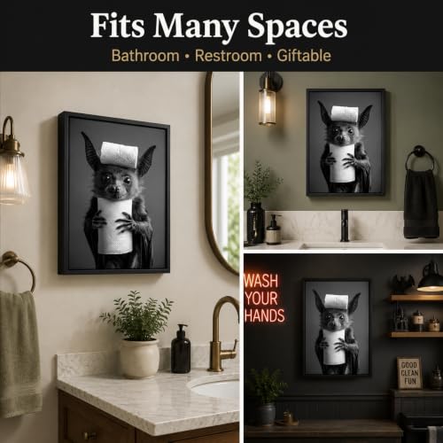 Funny Bat Bathroom Wall Art - Framed 16x12 Inch Toilet Paper Decor, Humorous Animal Restroom Canvas
