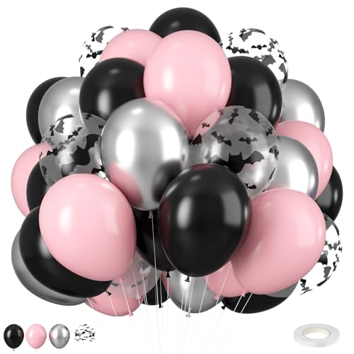 Pink Black Silver Bat Balloons Set - Halloween Latex Party Decorations - Variation: Pink Black Silver