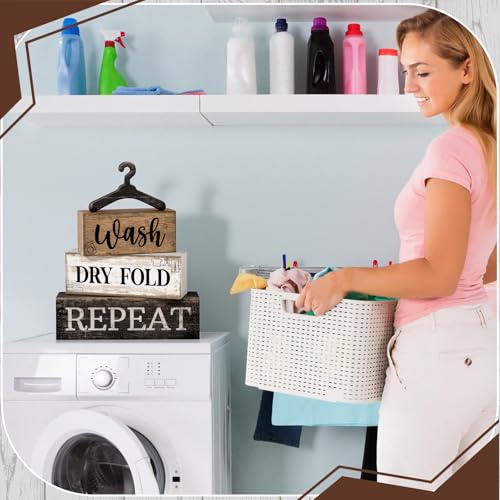 Farmhouse Laundry Room Decor 4-Piece Stacked Wooden Blocks - Rustic Home Accent - Laundry Variation