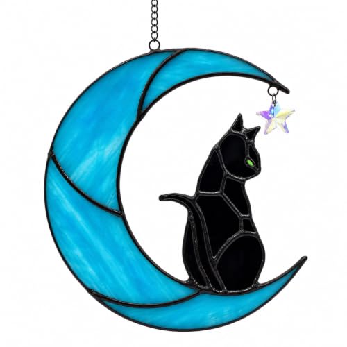 Stained Glass Black Cat Suncatcher - Blue Moon Rainbow Maker with Green Eyes Variation