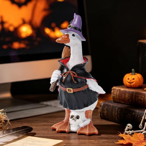 Halloween Goose Statue Black Resin Witch Skull Decor - 8.8"