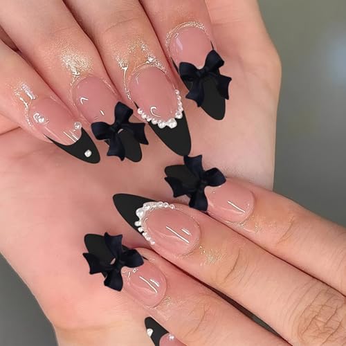 Reusable Press-On Nails Set - 6 Styles, 12 Sizes, Black & Red Bow Theme