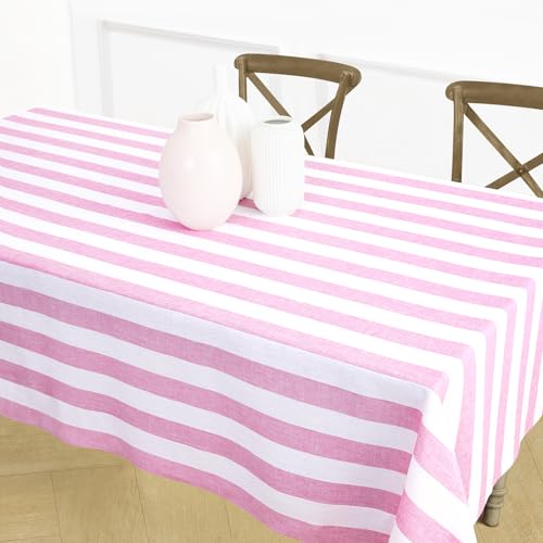 Pink & White Striped Linen Tablecloth 60x120 Inches - Elegant Dining Accessory - Variation of Pink & White / 120" x 60"