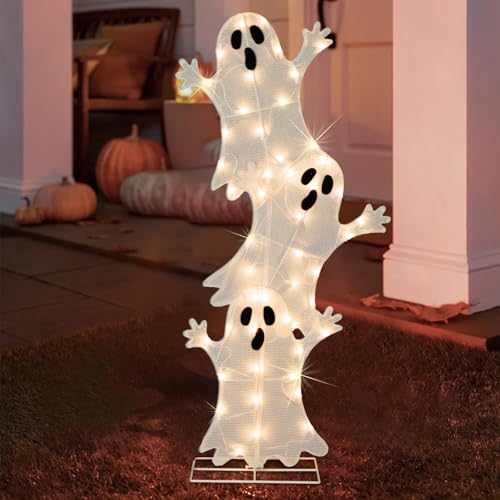 Ghost Halloween Lighted Decoration - 3 Stacked Ghosts with Warm White Lights - Indoor Outdoor Yard Porch - Variation of Ghost