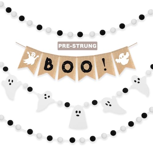Halloween Burlap Banner and Felt Ghost Garland Set - 4 Pieces Home Decor