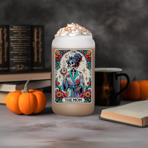 16oz Frosted Glass Iced Coffee Cup with Lid and Straw - Skeleton Mom Design