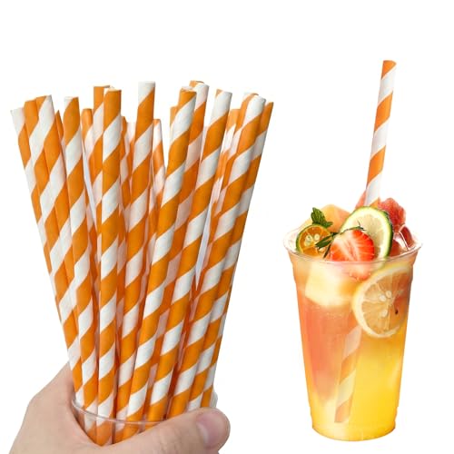 100 Pack Paper Straws - Orange & White Striped Disposable Drinking Straws for Parties