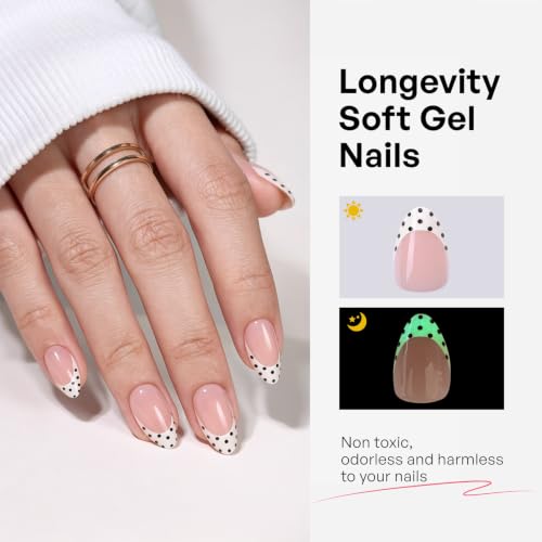 Short Almond Press-On Nails - Glow In The Dark Polka Dot French Nails 4D Luminous Dottie