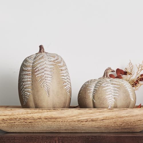 Fall Pumpkin Decorations Set - Brown Faux Pumpkins with Leaf Carving, 2 Pieces