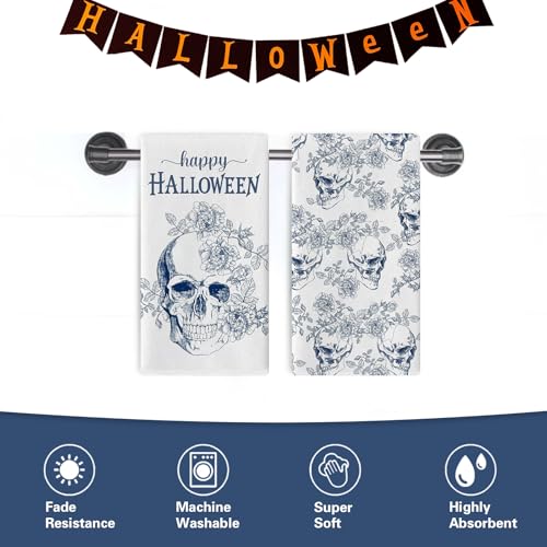 Halloween Skull Kitchen Dish Towels Set of 2 - Festive Skull Pattern, Absorbent & Quick-Drying