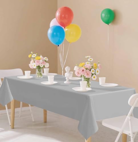 Silver Plastic Tablecloth 54x108 Inch 2 Pack - Disposable Party Cover for Weddings & Events