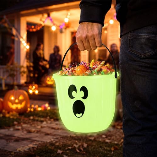 Glow in the Dark Halloween Candy Bucket with Handle, Ghost Face Pumpkin Basket, 7.8 Inches