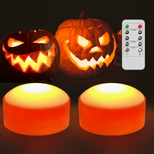 2 Pack Halloween LED Pumpkin Lights with Remote & Timer - Flickering Jack-O-Lantern Candles