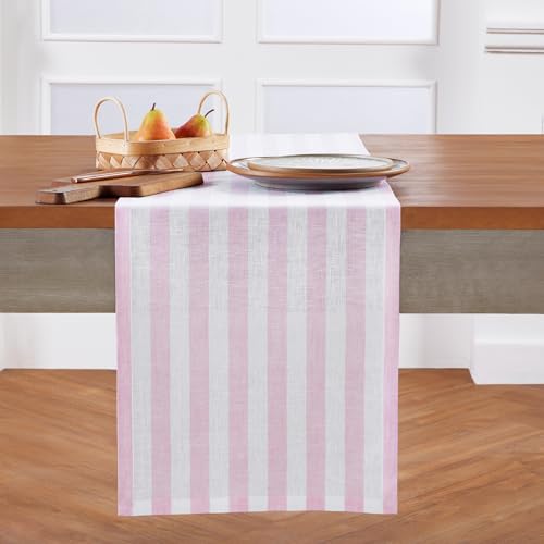 Pure Linen Table Runner Pink & White Stripe 14x90 inches - Handcrafted
