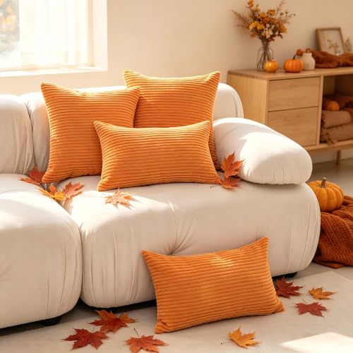 Set of 2 Orange 26x26 Inch Corduroy Throw Pillow Covers - Soft Striped Euro Shams for Sofa Couch Chair Decor