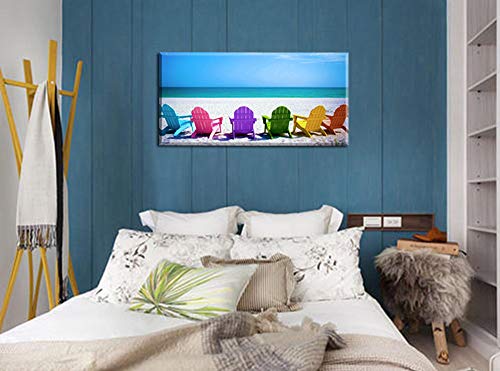 Beach Canvas Wall Art for Living Room - Blue Sea with Colorful Chairs 48" x 24"