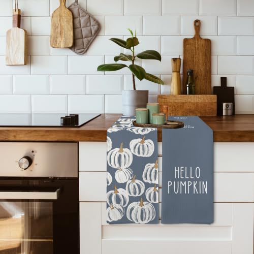 Hello Pumpkin Kitchen Towels Set - Dusty Blue, 16x24 Inches, Pack of 2 — Fall Holiday Decor