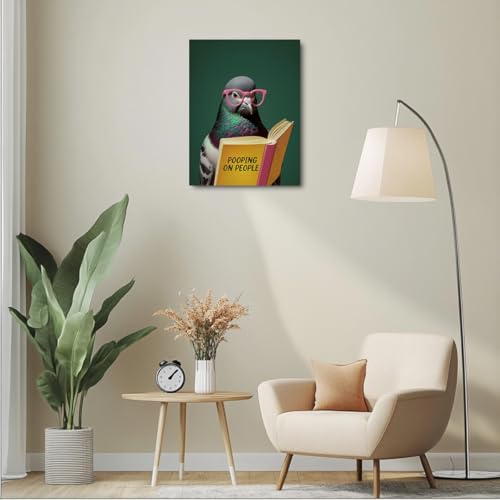 Funny Pigeon Reading Wall Art Poster - Bird Lover Gift - Framed Canvas - Pigeon Reading 537