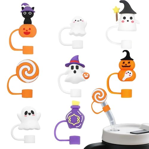 Halloween Drinking Straw Covers Set - 8 Silicone Toppers for Tumblers