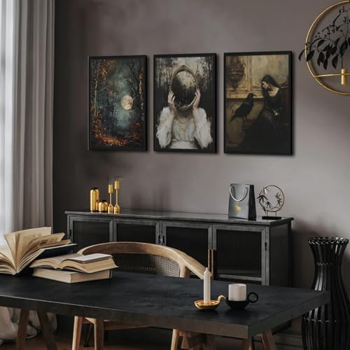 Dark Academia Wall Art Set of 3 - Gothic Vintage Witch Raven Full Moon Halloween Canvas Prints, 16 x 12 inches, Framed