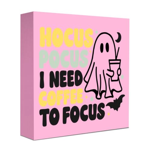 Cute Halloween Decor Wooden Sign - I Need Coffee to Focus Pink Variation