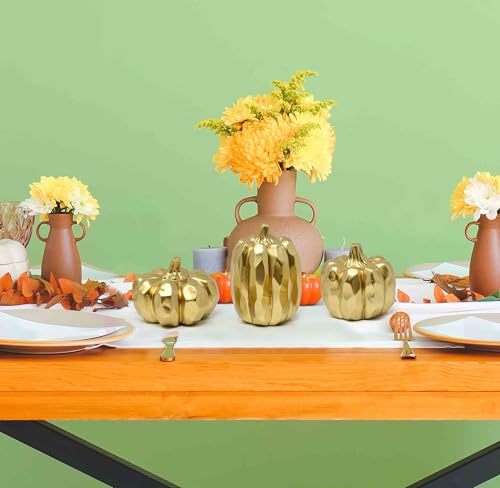 Gold Pumpkin Decor Set - Fall Thanksgiving Table Centerpieces, 3 Pcs