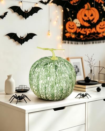 Round 9x9 Inch Artificial Pumpkin Fall Decor - Green Rustic Halloween Thanksgiving