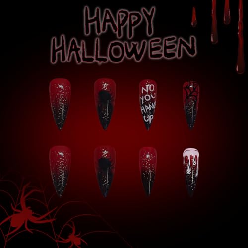 Halloween Press-On Nails Long Stiletto with Spider Web Glitter Design - Style D23, Red Black Ombre, Reusable Fake Nails, 24 Pieces
