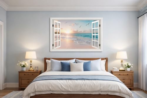 Pink Beach Wall Art Canvas for Living Room & Bedroom - Sunset Seascape 32x48in - Large Ocean Picture with Fake Window Frame Style
