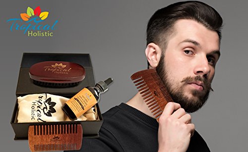 Tropical Holistic Natural Beard Grooming Kit for Men, 3-in-1 Set, Boar Bristle Brush, Handmade Wood Comb, 100% Pure Unscented Hair Treatment Oil 2 oz, Travel Bag
