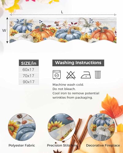 Fall Fireplace Mantel Scarf - Orange Blue Pumpkin Sunflower Rustic Decor 90 x 17 Inches - Fall Variation