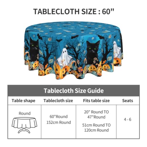 Halloween Round Tablecloth - Blue Spooky Ghost Pumpkins & Bats, 60 Inch, Non-Slip Wipeable Fabric - Variation: Blue / One Size