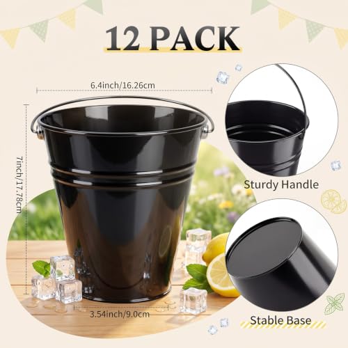 Black Metal Bucket with Handle - Mini Pail 6.4 x 7 Inches, Pack of 12