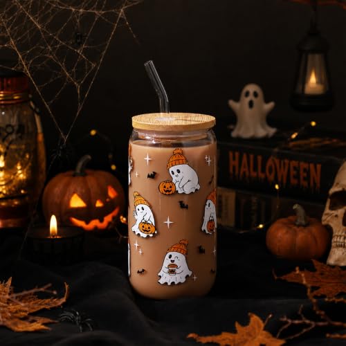 Halloween Ghost Gift Cute Pumpkin Glass Cup with Lid & Straw - Hat Ghost Variation