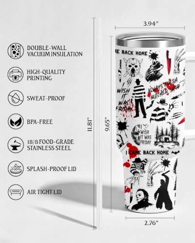 Horror Slasher 40 oz Insulated Tumbler with Handle - Spooky Gift, HorrorPattern