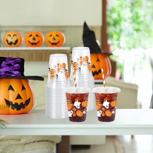 Halloween Plastic Cups with Lids & Straws - Ghost Pumpkin Design, 50 Pack, 12oz