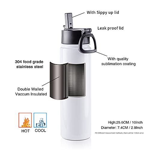 22 OZ Sublimation Water Bottle - 8 Pack White Stainless Steel Tumblers with Straw & Handle