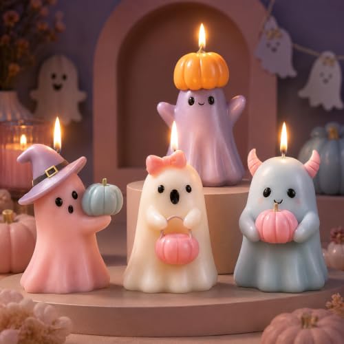 Pastel Halloween Ghost Candle Set - Pumpkin & Witch Hat Figurines, 4 Pack
