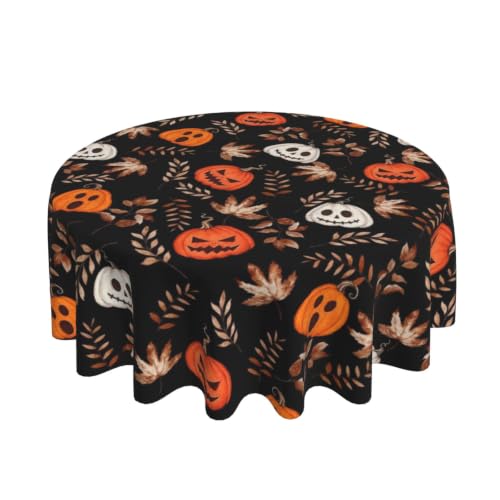 Halloween Round Tablecloth 70 Inch Black & Orange Pumpkin Leaves Decor - Washable & Reusable