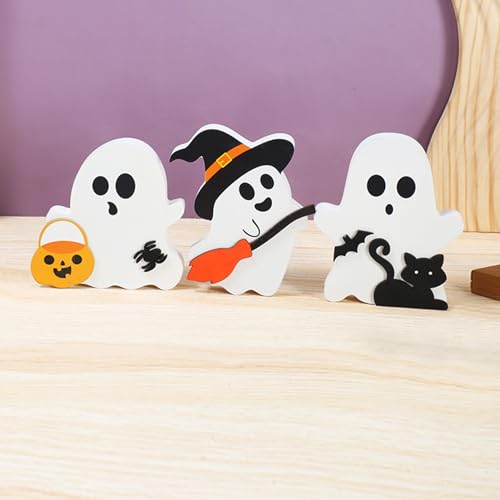 Halloween Ghost Decorations 3-Piece Wooden Indoor Table Decor Set