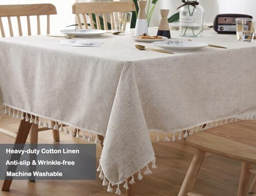 Linen Cotton Rectangular Tablecloth with Tassels - Boho Farmhouse Decor, 55x70 Inches, Beige