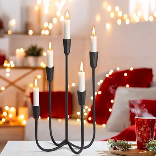 Black Cast Iron 5-Arm Candle Holder Candelabra for Wedding & Home Decor - 17.6 Inch