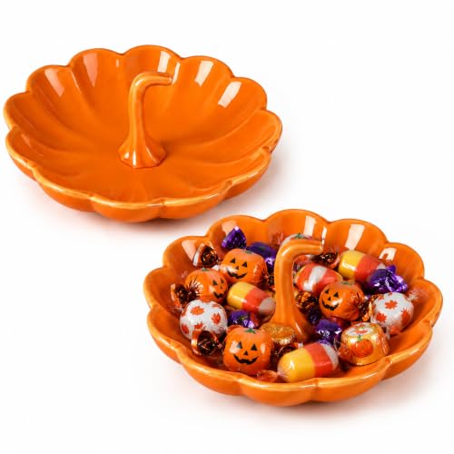 Halloween Pumpkin Candy Dish Set - Ceramic 7 Inch Pumpkin Plates with Pumpkin Figurines - Variation: Pumpkin