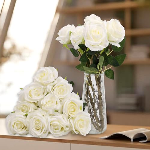 Artificial White Rose Flowers 10PCS Long Stem Fake Bouquet for Wedding & Party Decor