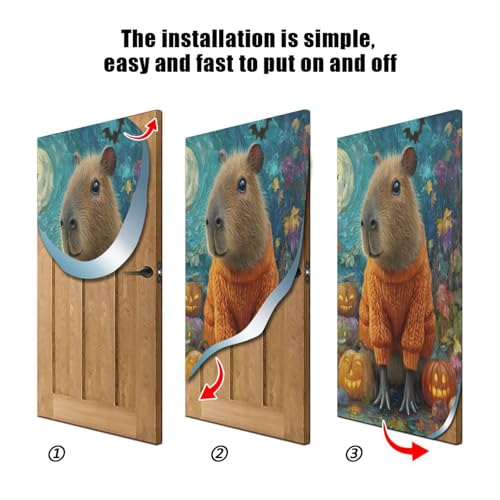 Halloween Door Cover Banner - Capybara Pumpkins Teal Door Decor for Indoor Outdoor Party