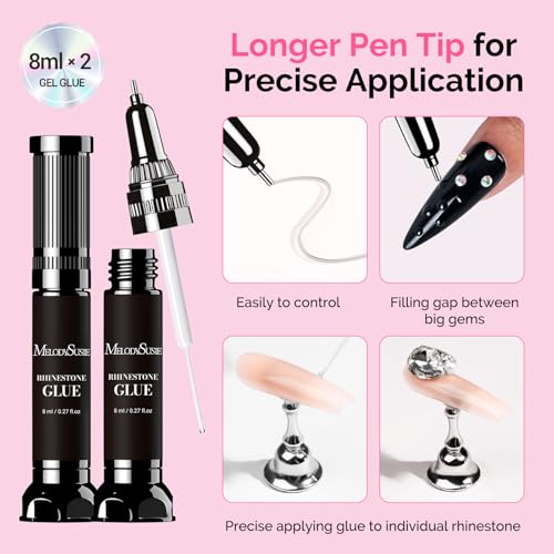 Rhinestone Nail Glue with Brush & Precision Gel - 8ml x 2 Set for Gems & Charms