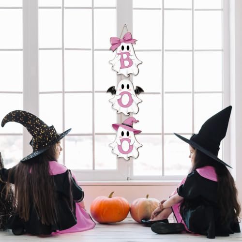 Halloween Pink Ghost Door Sign Decorations - Boo Wreath Hanger with 3 Plaques