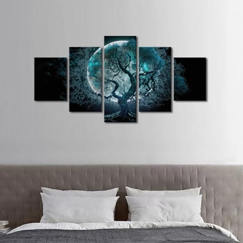 5 Panels Modern Tree of Life Wall Art - Moonlit Forest Canvas Prints, 60 x 32 Inches - Variation of THIS Listing