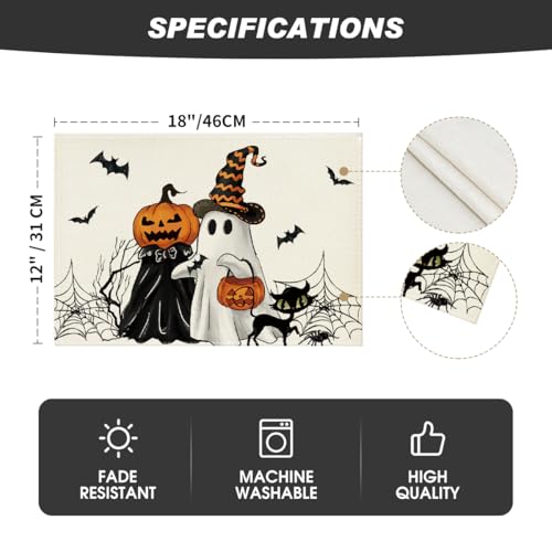 Ghost Spider Web Halloween Placemats Set of 6 - 12x18 Inches Rectangular Black & Beige
